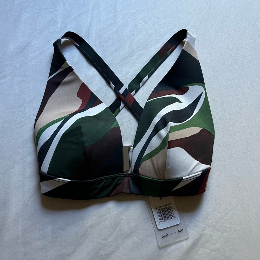 NWT THE FOLD green brown white camo print swim bikini top